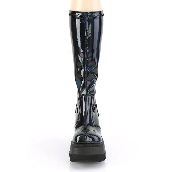 Demonia Women's Shaker-65 Knee High Platform Boots - Stretch Black Patent Holo D9703-82US Clearance
